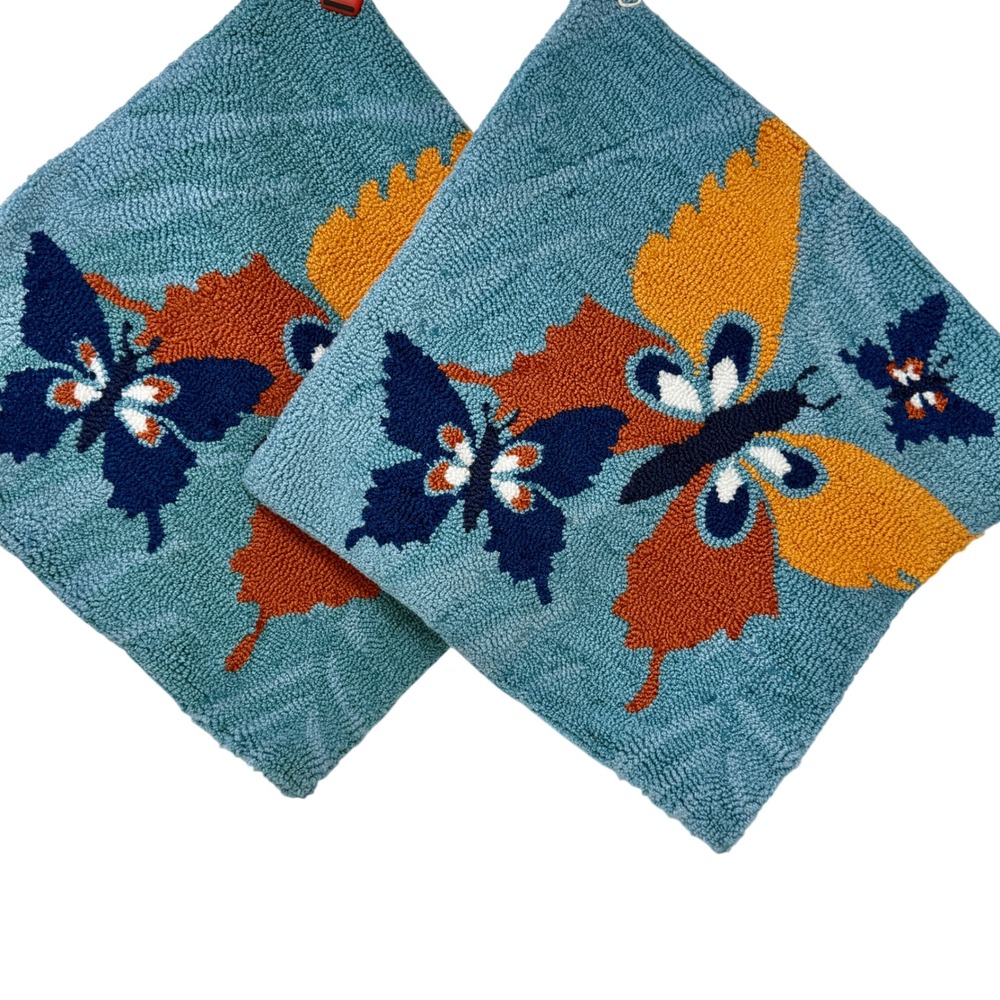 Set 2 Hooked Throw Pillow Covers Butterfly Blue Orange 18x18 Colorful Fun‎ Mod